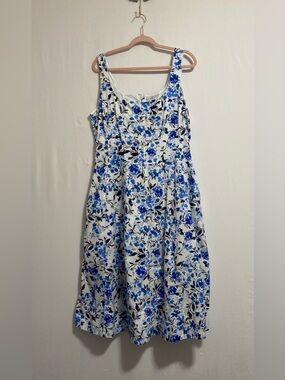 Sleeveless White Midi Dress with Blue Floral Print